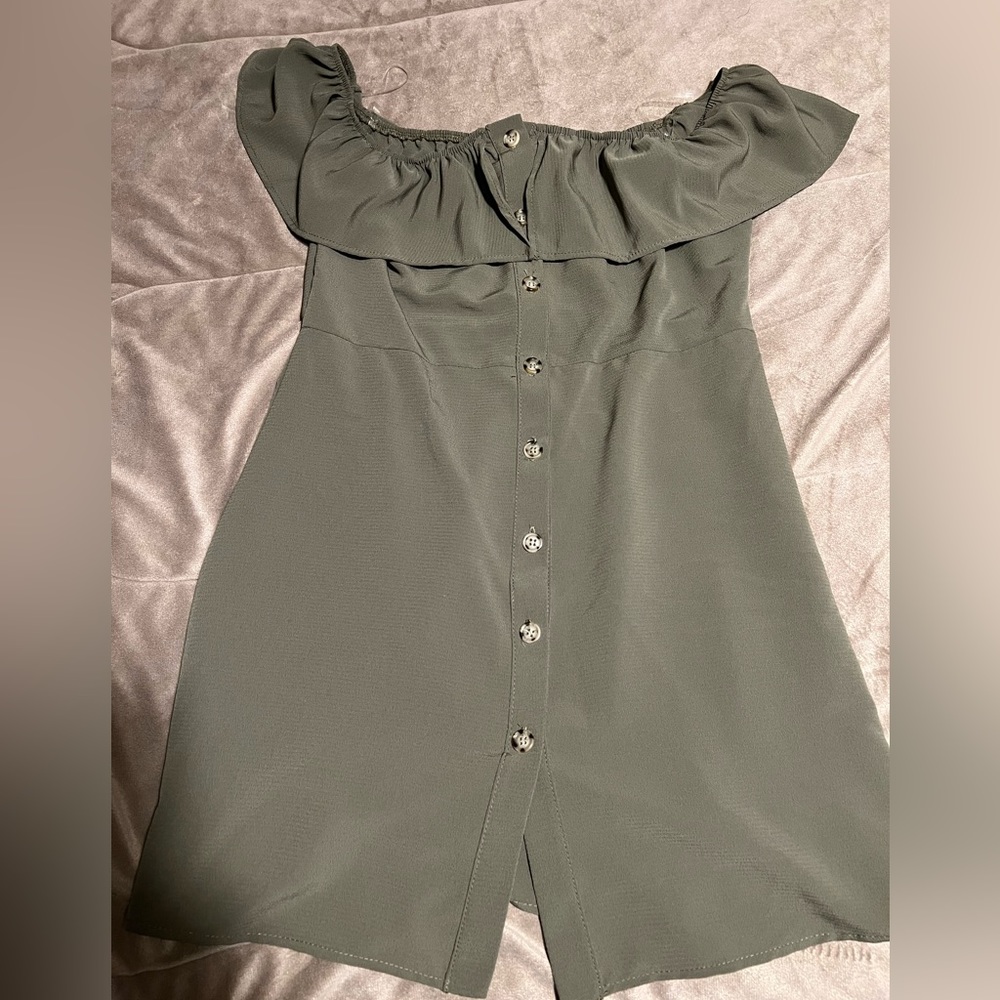 Blue Blush Off-shoulder Button Front Olive Green Mini Dress Size Large